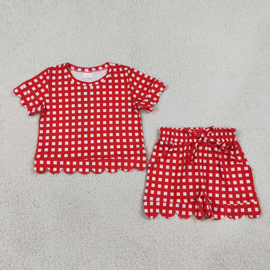 Baby Girls Kids Short Sleeves Red Plaid Shirt Scallop Shorts Set Clothes