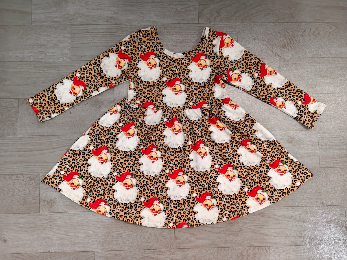 No moq Preorder Baby Girls Long Sleeves Santa Leopard Christmas Ruffle Dress Clothes