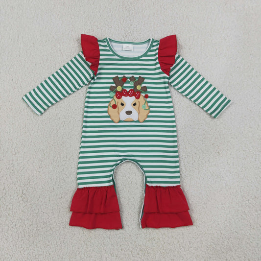Baby Girl Kids Long Sleeves Embroidery Christmas Dog Green Stripes Romper Clothes