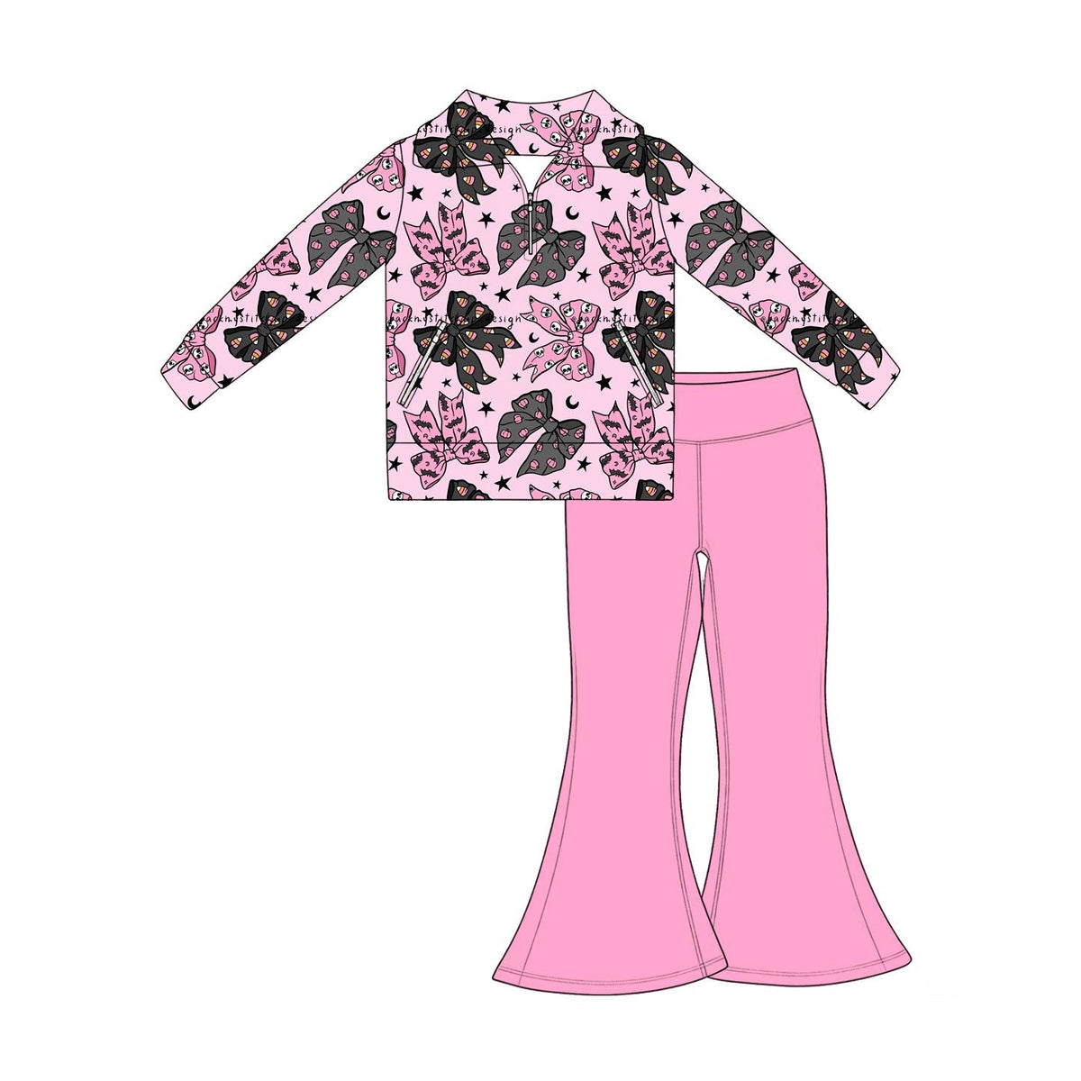 Moq 5 Preorder Baby Girls Kids Halloween Bows Zipper Pockets Tops Pink Pants Set Clothes