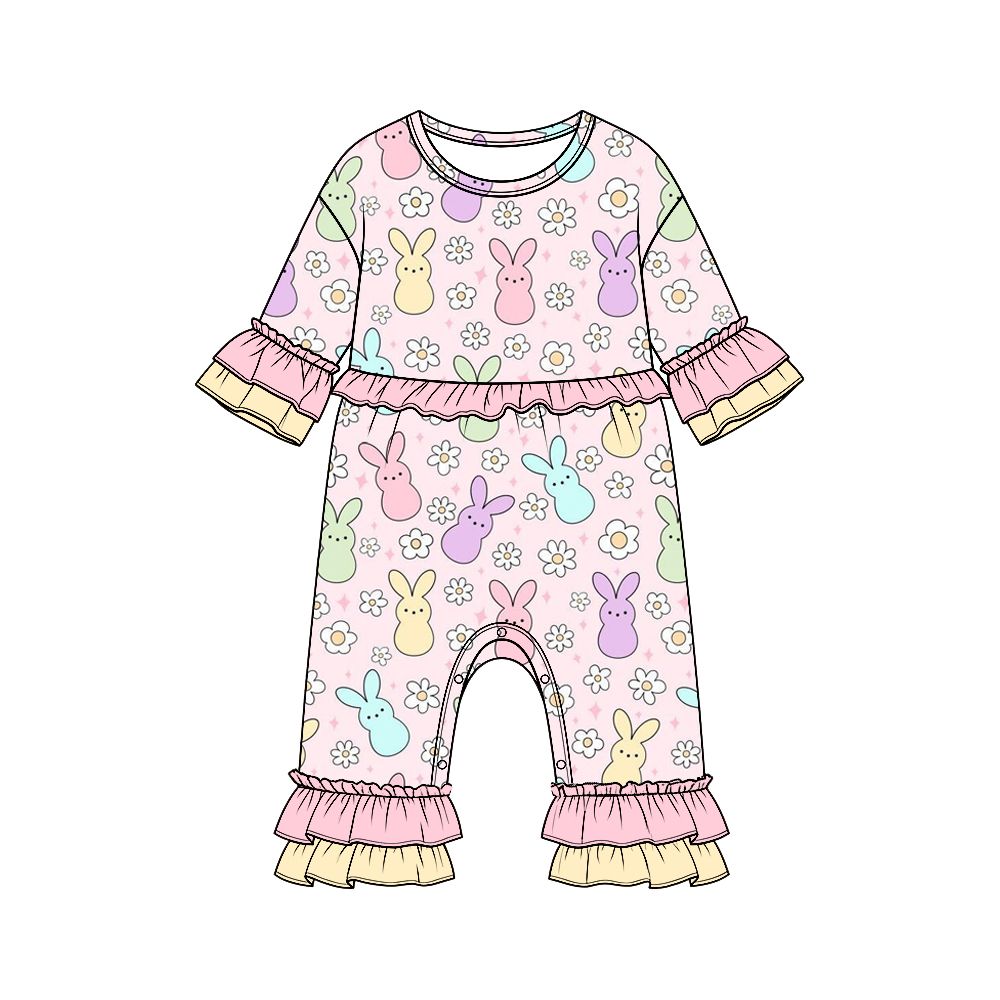 Moq 5 Preorder Baby Girls Infant Long Sleeves Rabbits Flower Easter Ruffle Romper Clothes