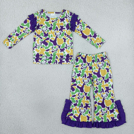 Baby Girls Kids Long Sleeves Deer Camo Shirt Bows Pants Set Mardi Gras Clothes