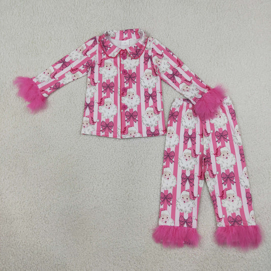 Baby Girls Kids Fur Christmas Santa Bows Stripes Buttons Shirt Pants Fall Pajamas Set Clothes