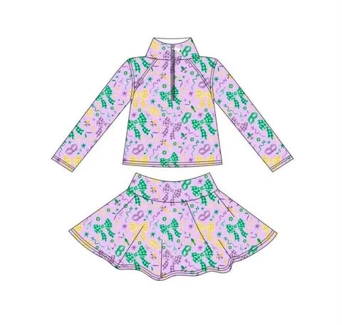 Moq 5 Preorder Baby Girls Kids Masks Bows Zip Shirt Skirt Shorts Set Mardi Gras Yoga Clothes