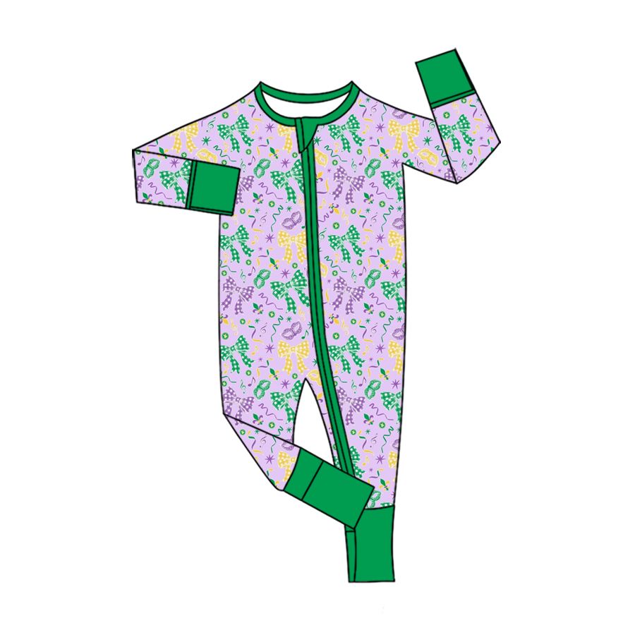 Moq 5 Preorder Baby Girls Infant Masks Bows Footie Sleeper Zipper Romper Mardi Gras Clothes