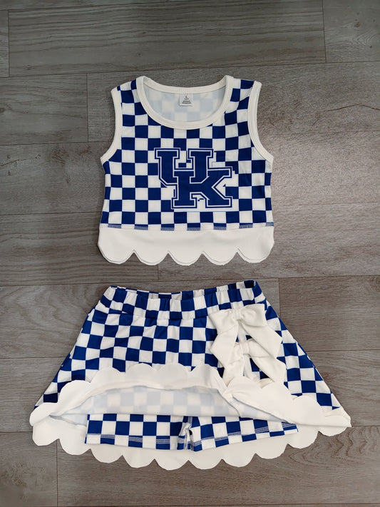 No moq Preorder Baby Girls Kids Blue Checked Shirt Scallop Bows Skirt Shorts Team Set Yoga Active Clothes