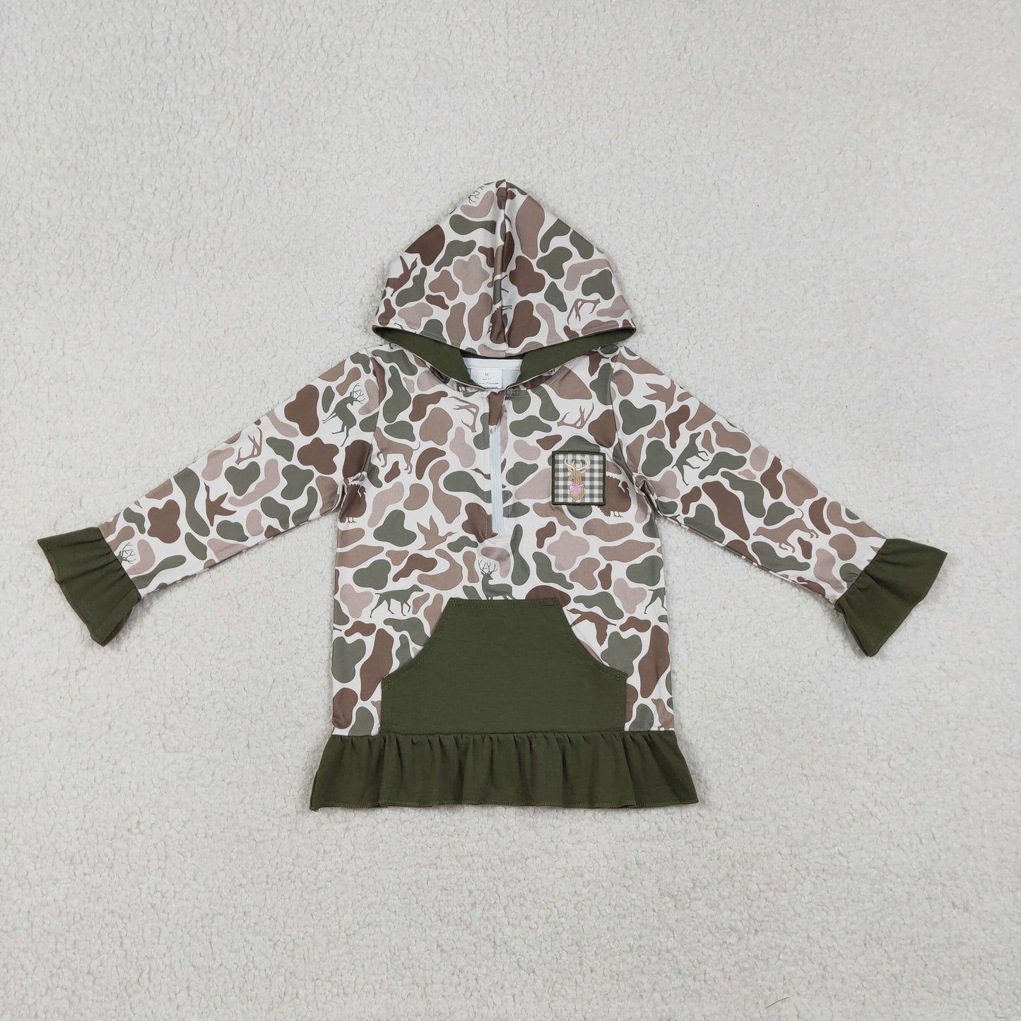 Baby Girl Long Sleeves Embroidery Deer Dog Duck Hoodie Zipper Green Camo Shirt