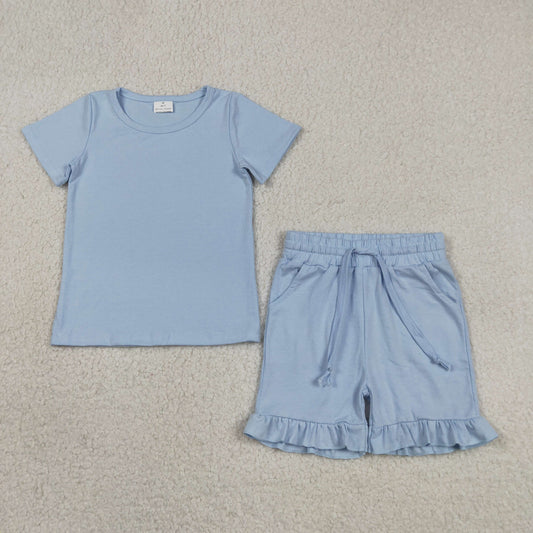 Baby Girls Short Sleeves Blue Tops Ruffle Shorts Summer Clothes Set