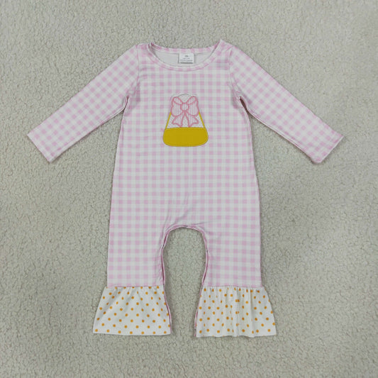 Baby Girls Infant Long Sleeves Embroidery Halloween Bows Candy Pink Plaid Romper
