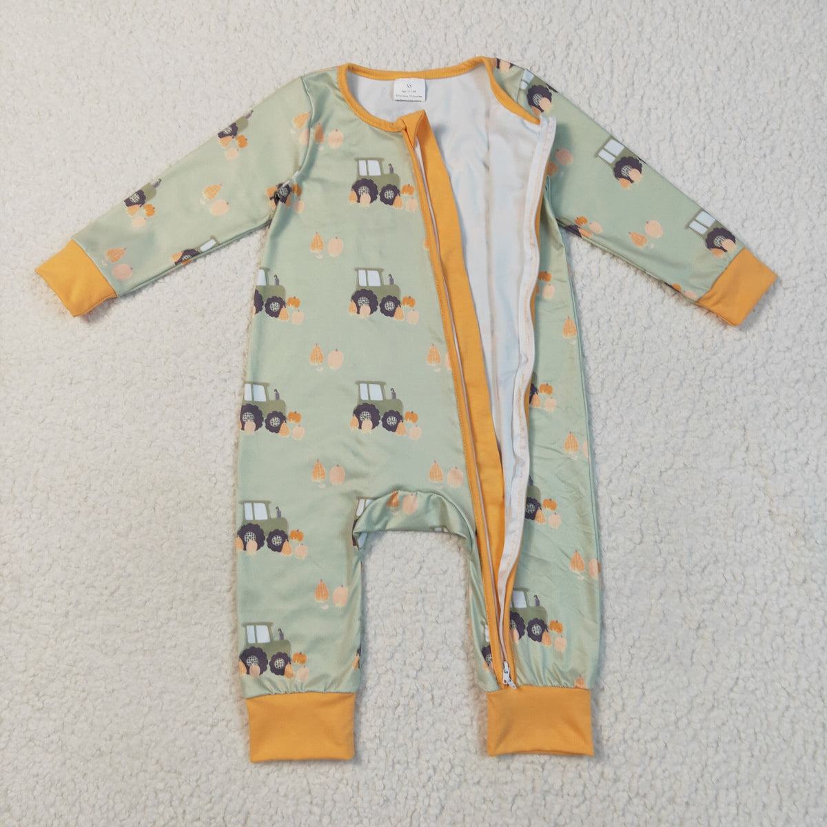 Baby Boy Long Sleeves Pumpkins Tractors Zipper Fall Romper