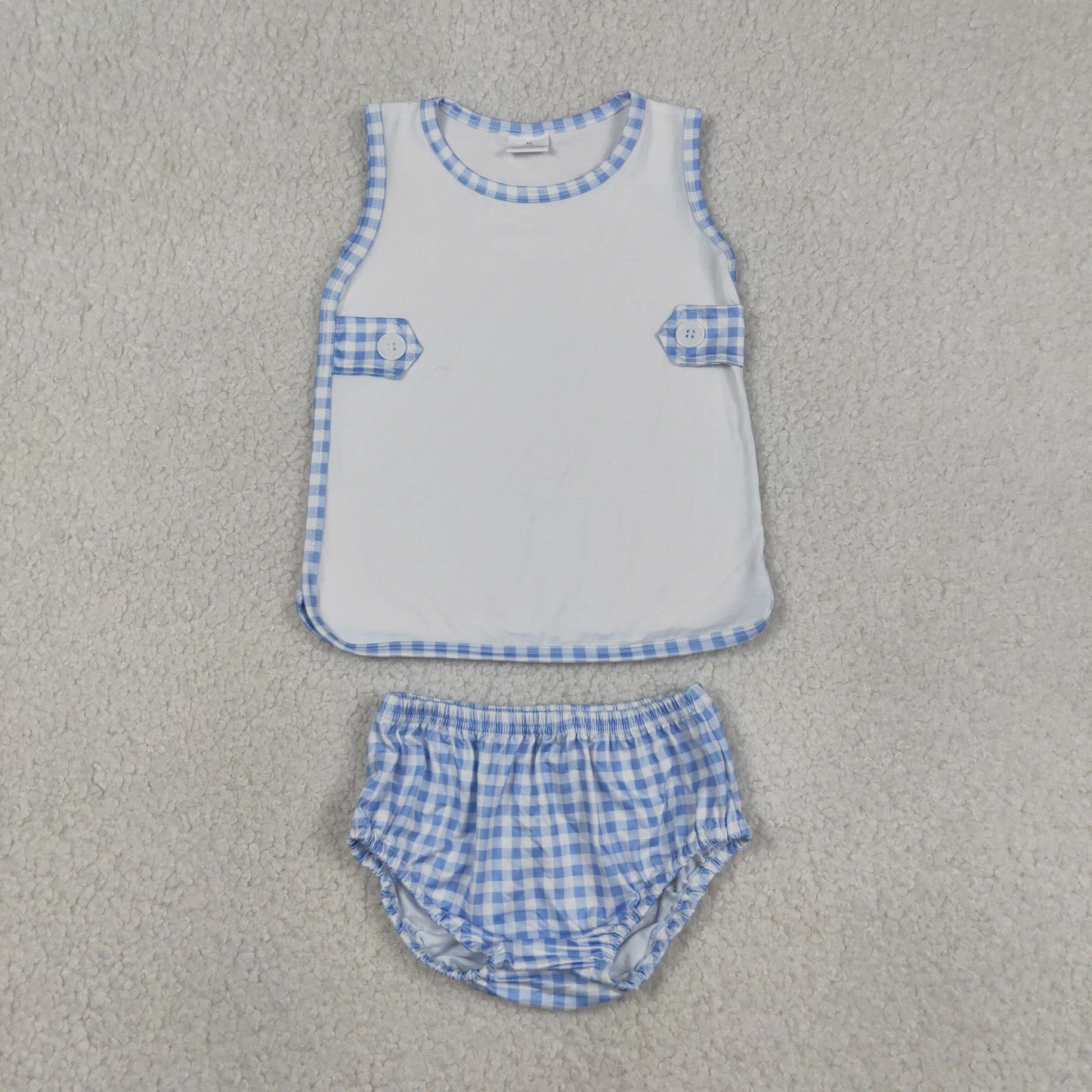 Baby Boys Kids Sleeveless White Tops Blue Plaid Bummie Shorts Set Clothes