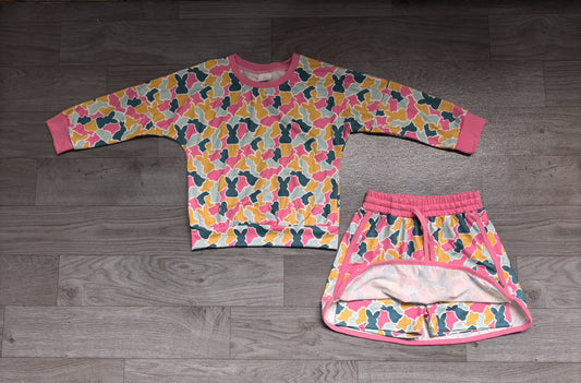 No moq Preorder Baby Girls Kids Long Sleeves Shirt Rabbits Camo Skirt Shorts Easter Set