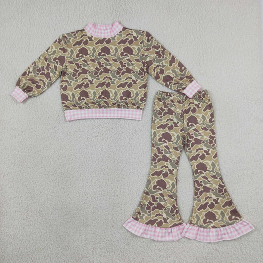 Baby Girls Kids Long Sleeves Plaid Pullover Camo Bell Pants Set Clothes