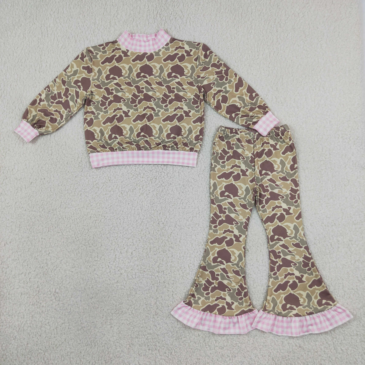 Baby Girls Kids Long Sleeves Plaid Pullover Camo Bell Pants Set Clothes