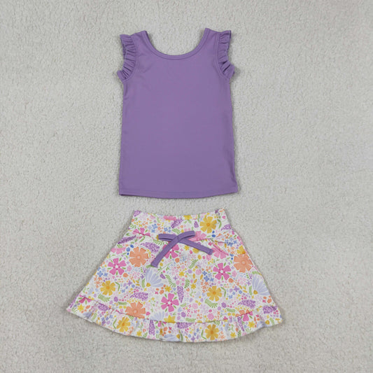 Baby Girls Kids Purple Tops Flower Pockets Scallop Skirt Shorts Yoga Clothes Summer Set