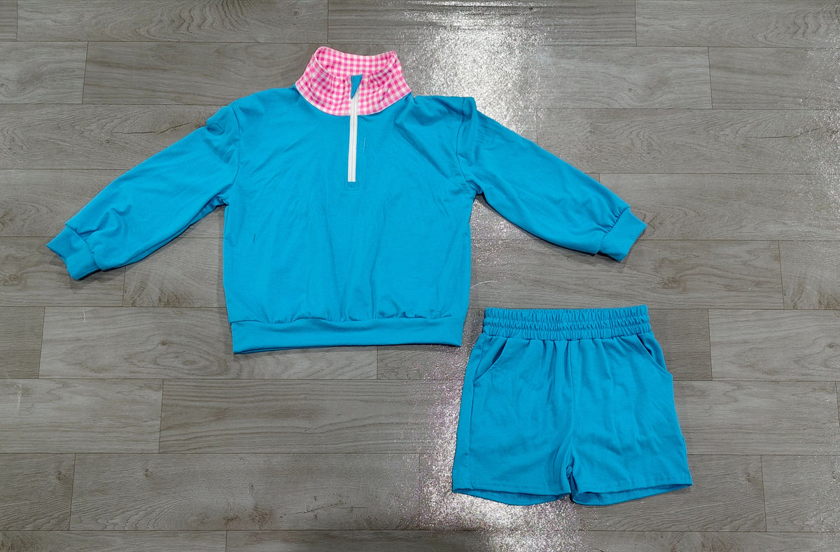 No moq Preorder Baby Girls Kids Blue Long Sleeves Zipper Pullover Pockets Shorts Set Cotton Clothes