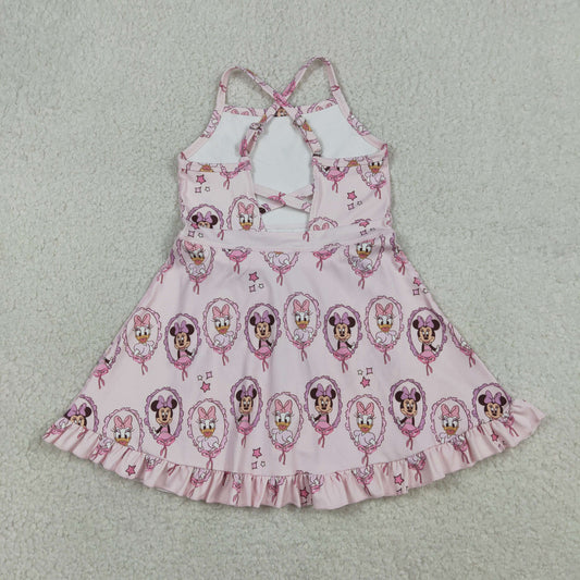 RTS Baby Girls Kids Straps Cartoon Yoga Active Shorts Ruffle Knee Length Dress