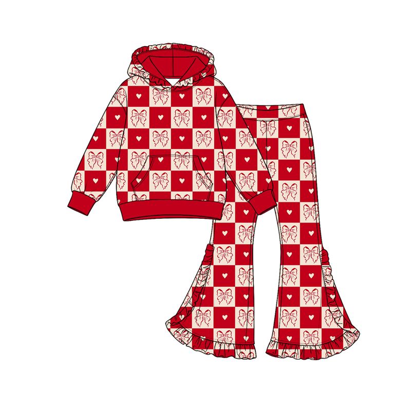 Moq 5 Preorder Baby Girls Kids Bows Hearts Hoodie Pocket Shirt Bell Pants Valentine Set Clothes