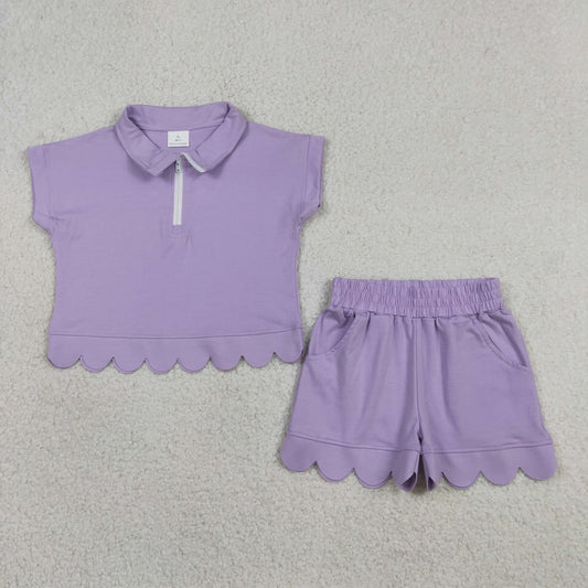 Baby Girls Kids Short Sleeves Zipper Shirt Scallop Shorts Cotton Purple Set