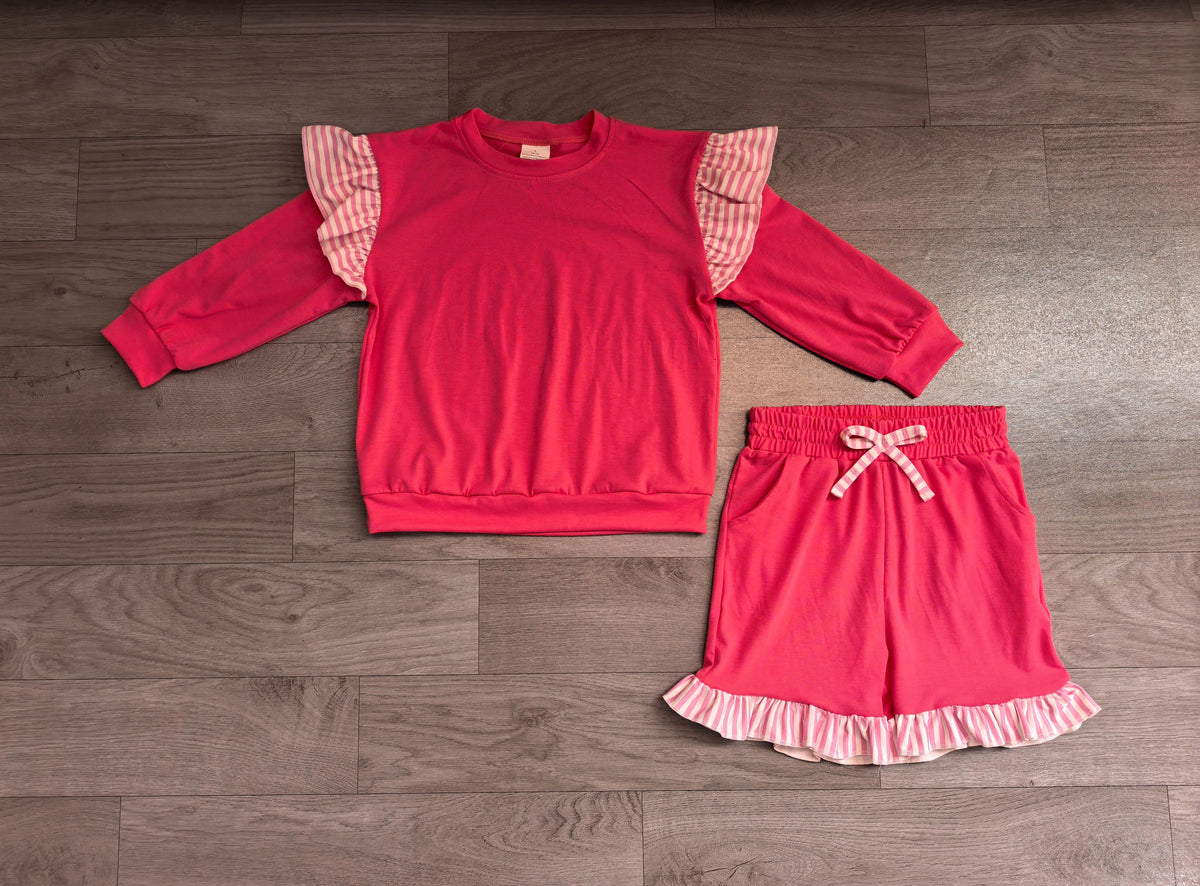 No moq Preorder Baby Girls Kids Hot Pink Long Sleeves Tops Pockets Shorts Cotton Set Clothes