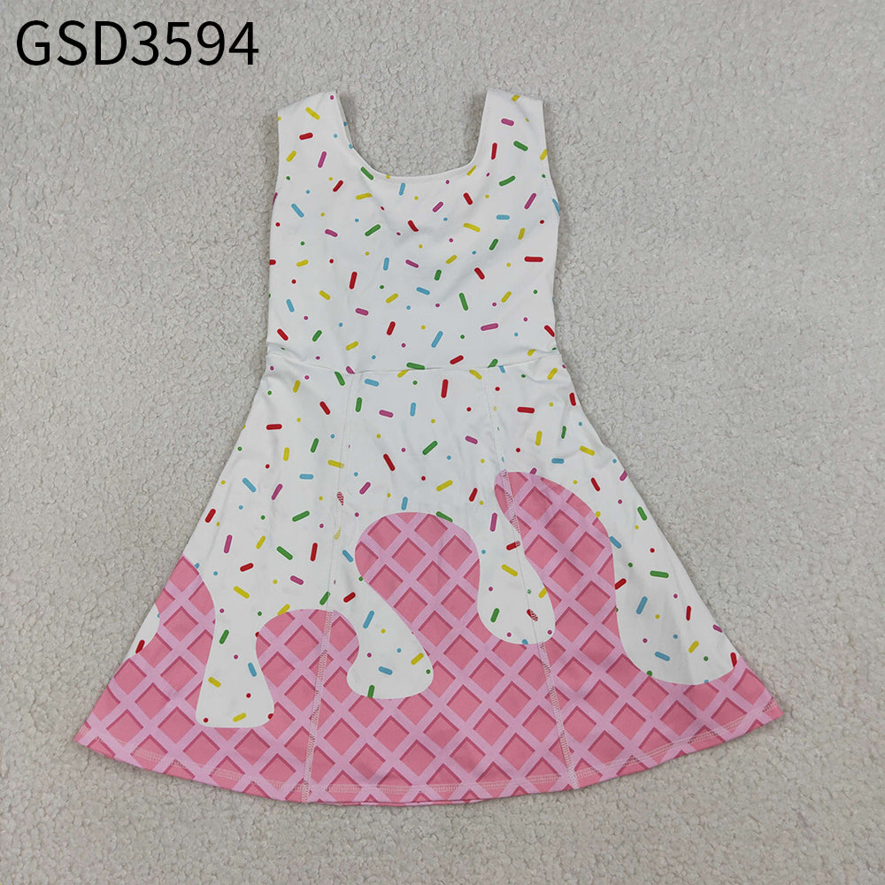 RTS Baby Girls Kids Sleeveless Sprinkles Pink Drips Yoga Knee Length Yoga Dress