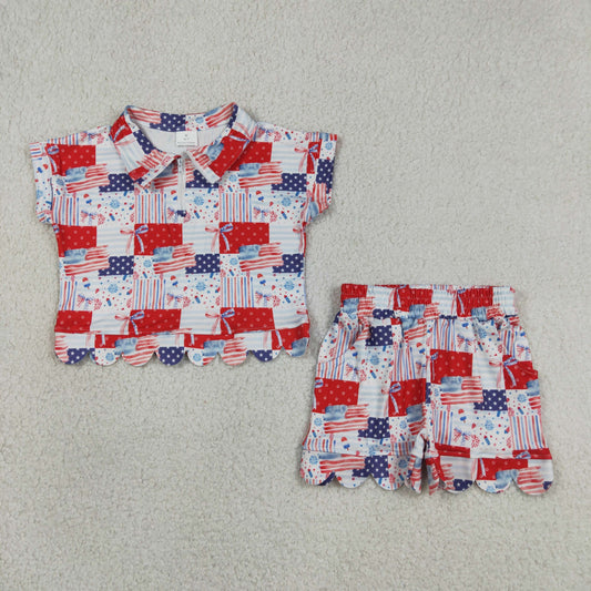 GSSO3599 Baby Girls Kids Flags Bows Zipper Shirt Scallop Shorts Set 4th of July Clothes