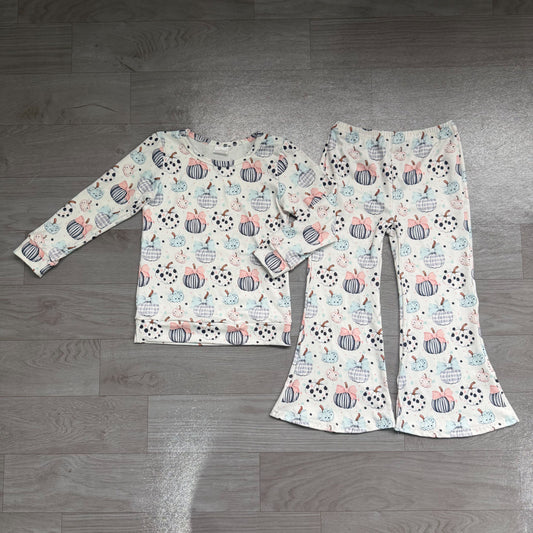 Baby Girls Kids Long Sleeves Pumpkins Bows Shirt Bell Pants Fall Set Clothes