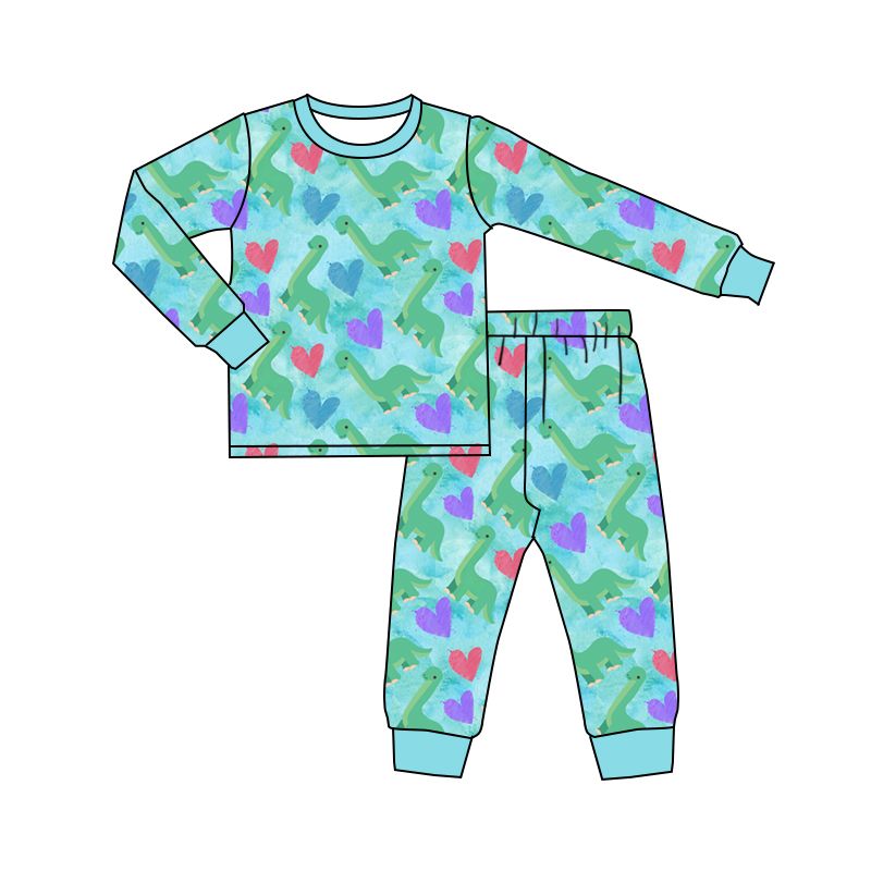 Moq 5 Preorder Baby Boys Kids Long Sleeves Dinosaurs Hearts Shirt Pants Valentine Set Pajamas Clothes