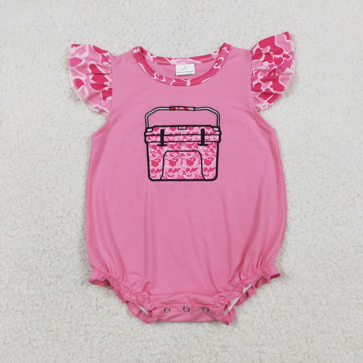 RTS Baby Girls Short Sleeves Embroidery Box Pink Camo Hunting Ruffle Romper