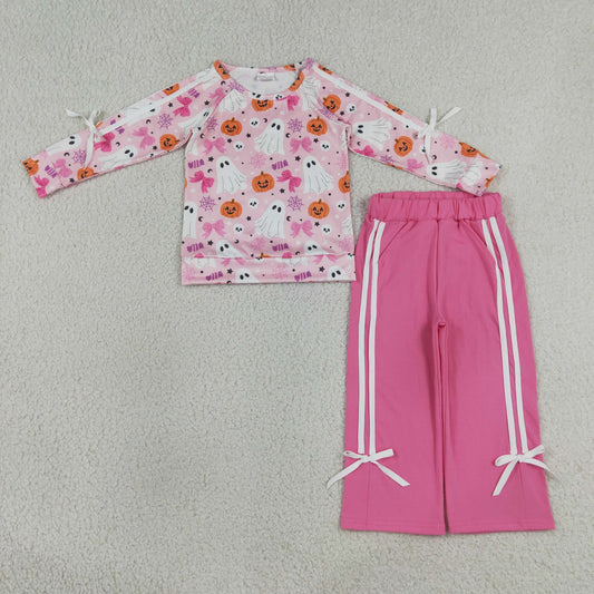 Sibling Baby Girls Kids Ghosts Pumpkins Bows Shirts Pockets Pants Sets Fall Clothes