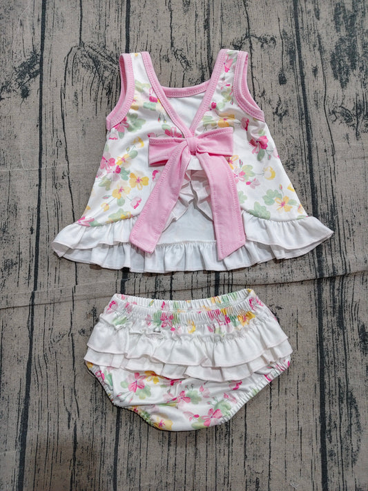 Preorder Baby Girls Kids Back Bow Floral Tops Ruffle Bummie Set Summer Clothes