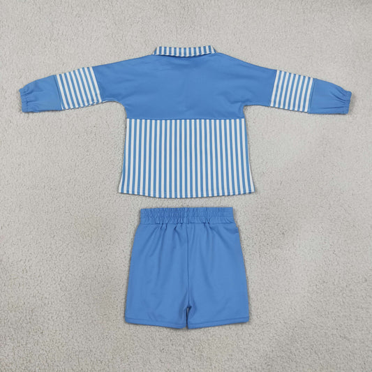 Baby Girls Kids Blue Stripes Zipper Pullover Shorts Yoga Active Set Clothes