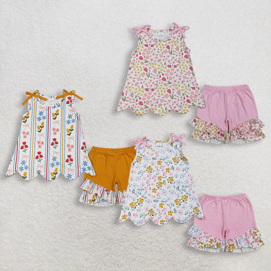 RTS Sibling Baby Girls Kids Bows Flower Scallop Tops Ruffle Shorts Summer Sets Clothes