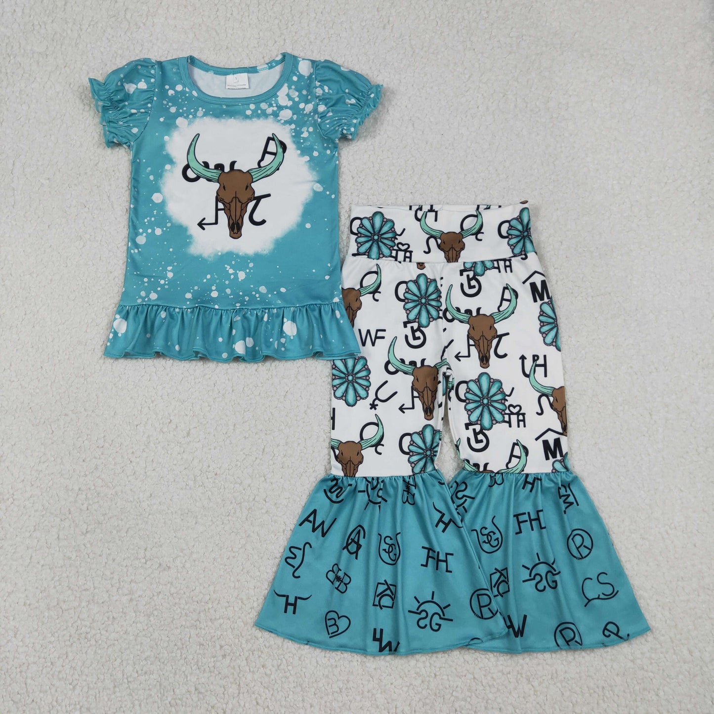 Baby Girls Kids Green Short Sleeves Shirt Western Cow Bell Pants Set