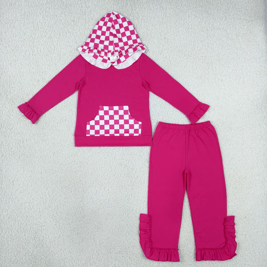 Baby Girls Kids Checked Pocket Hoodie Shirt Pants Hot Pink Set Cotton Clothes