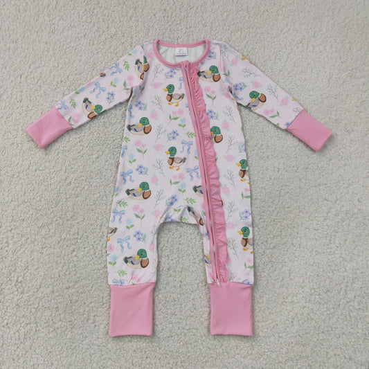 Sibling Baby Girls Kids Ducks Flower Bows Zipper Romper Pockets Set Clothes RTS