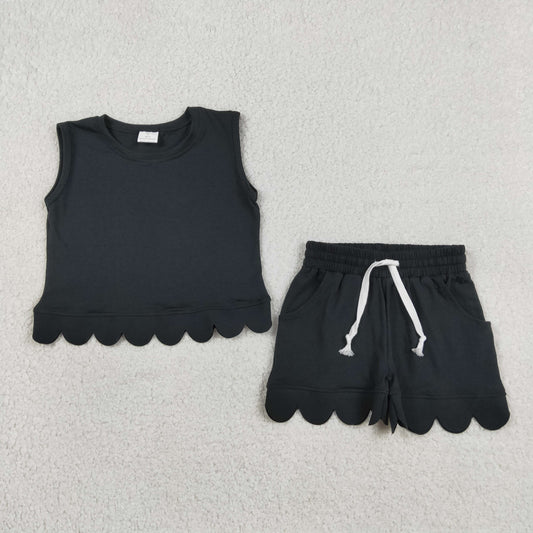 GSSO3733 Baby Girls Kids Sleeveless Black Shirt Scallop Shorts Set Cotton Clothes