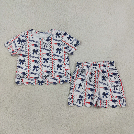 Baby Girls Kids Short Sleeves Navy Bows Shirt Scallop Shorts Set Team Clothes
