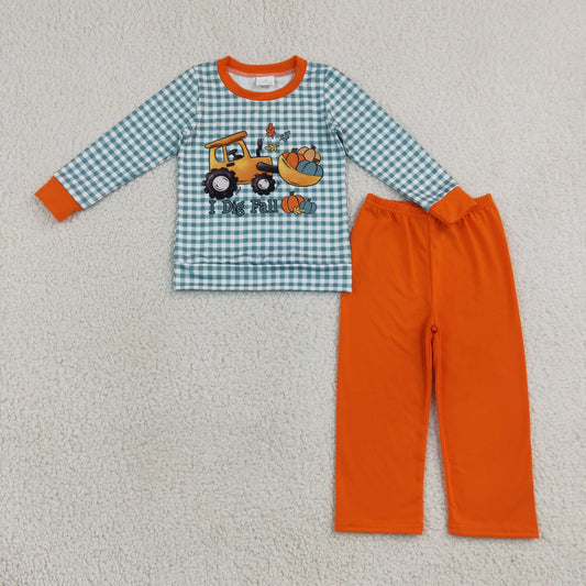Baby Boys Kids Long Sleeves Pumpkins Tractor Shirt Orange Pants Set Fall Clothes