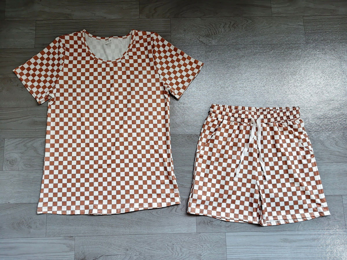 Adult Women Short Sleeves Brown Checked Shirt Shorts Pajamas Clothes Set
