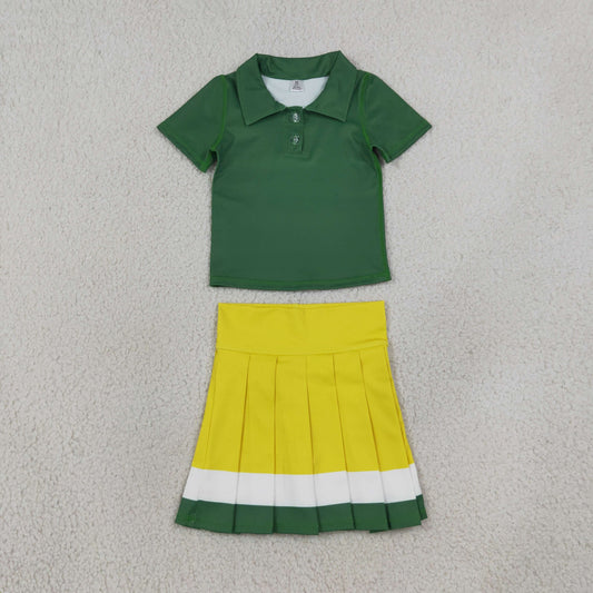 Baby Girls Kids Short Sleeves Green Buttons Shirt Skirt Shorts Yoga Active Set Clothes