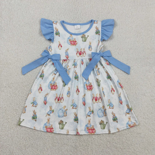 RTS Sibling Baby Girls Kids Short Sleeves Rabbits Blue Bows Easter Romper Dress Set