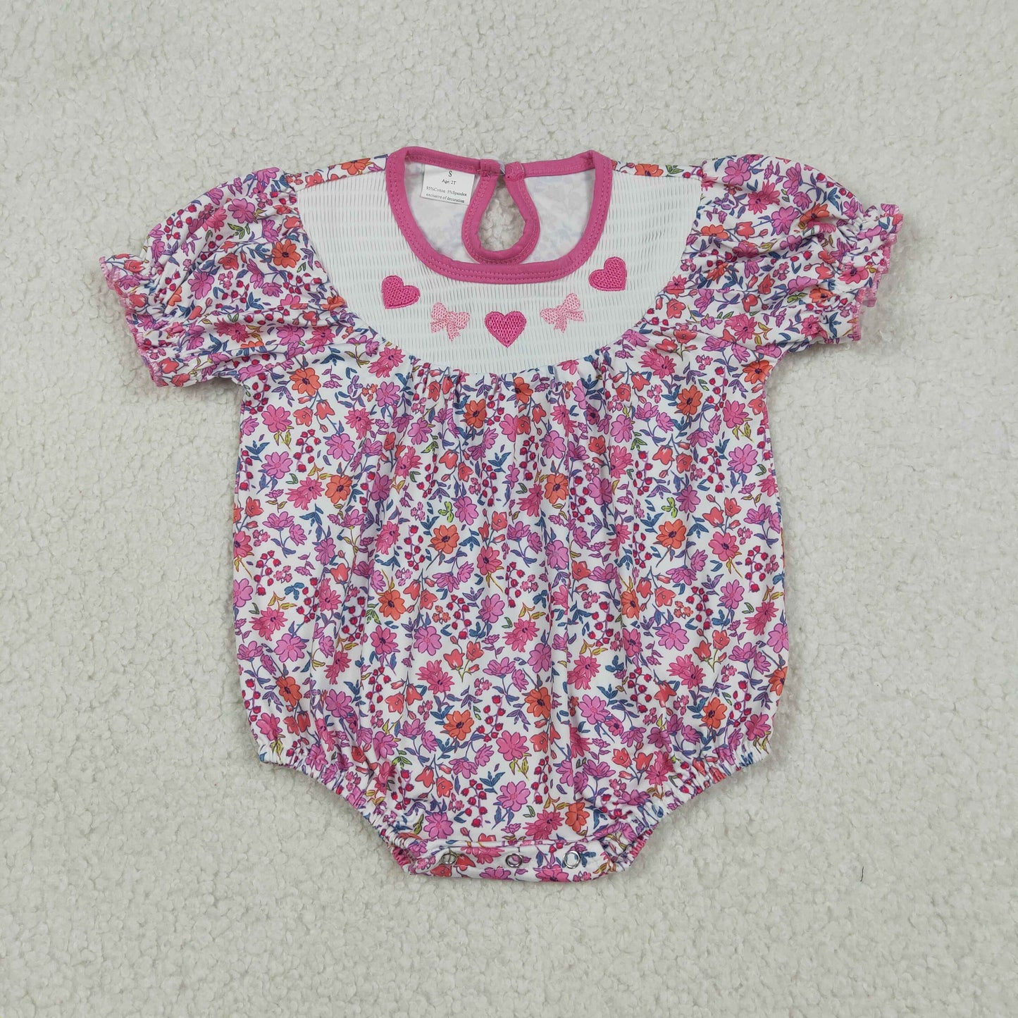 Baby Girls Long Sleeves Embroidery Hearts Bows Valentine Flower Smocked Romper