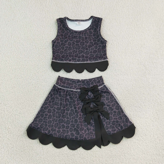 Baby Girls Kids Black Leopard Vest Bows Scallop Bows Skirt Shorts Yoga Active Set Clothes