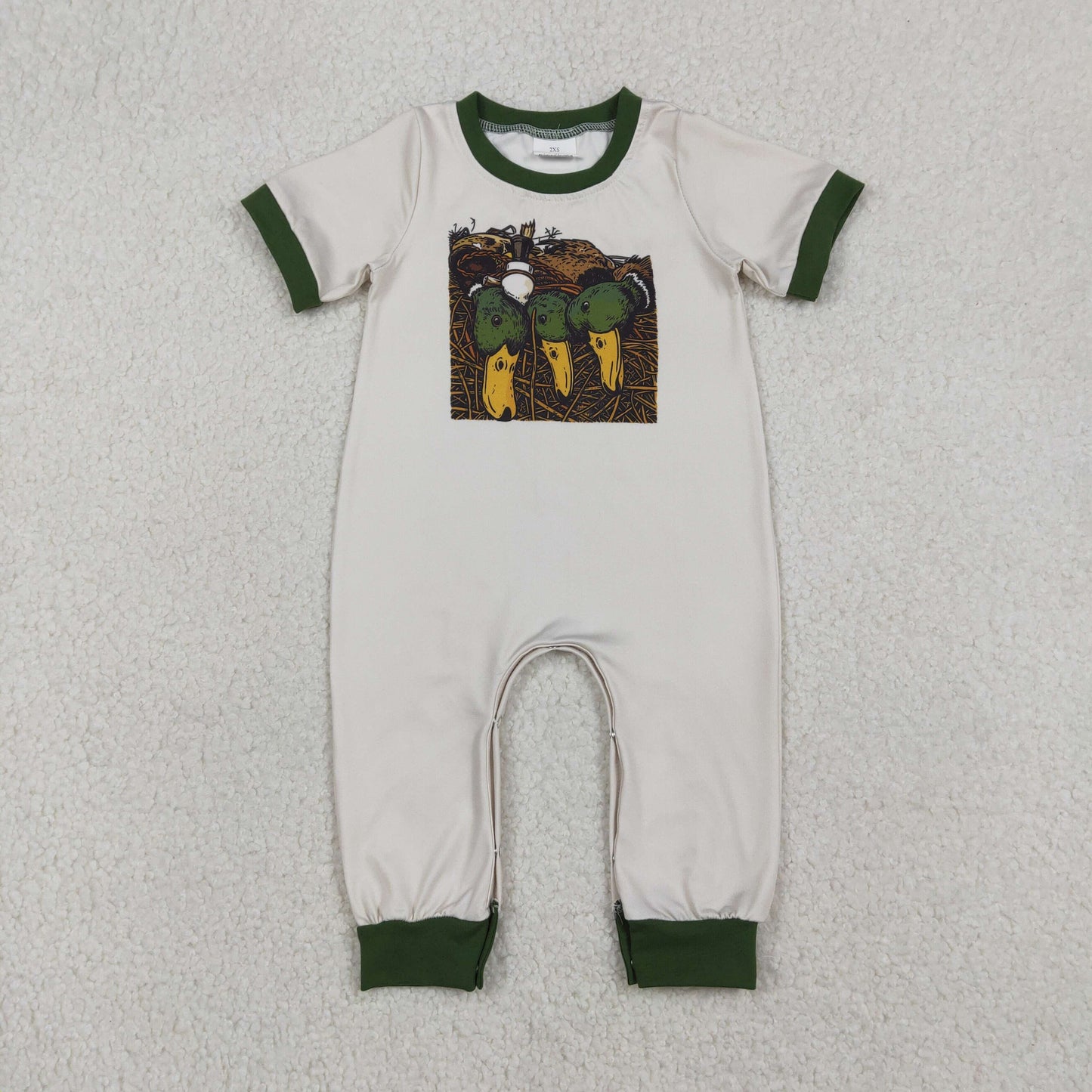 Baby Boys Infant Short Sleeves Ducks Hunting Buttons Grey Romper