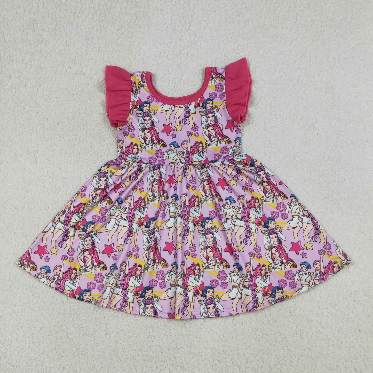 RTS Baby Girls Kids Short Sleeves Singer Stars Flowers Pink Knee Length Dress