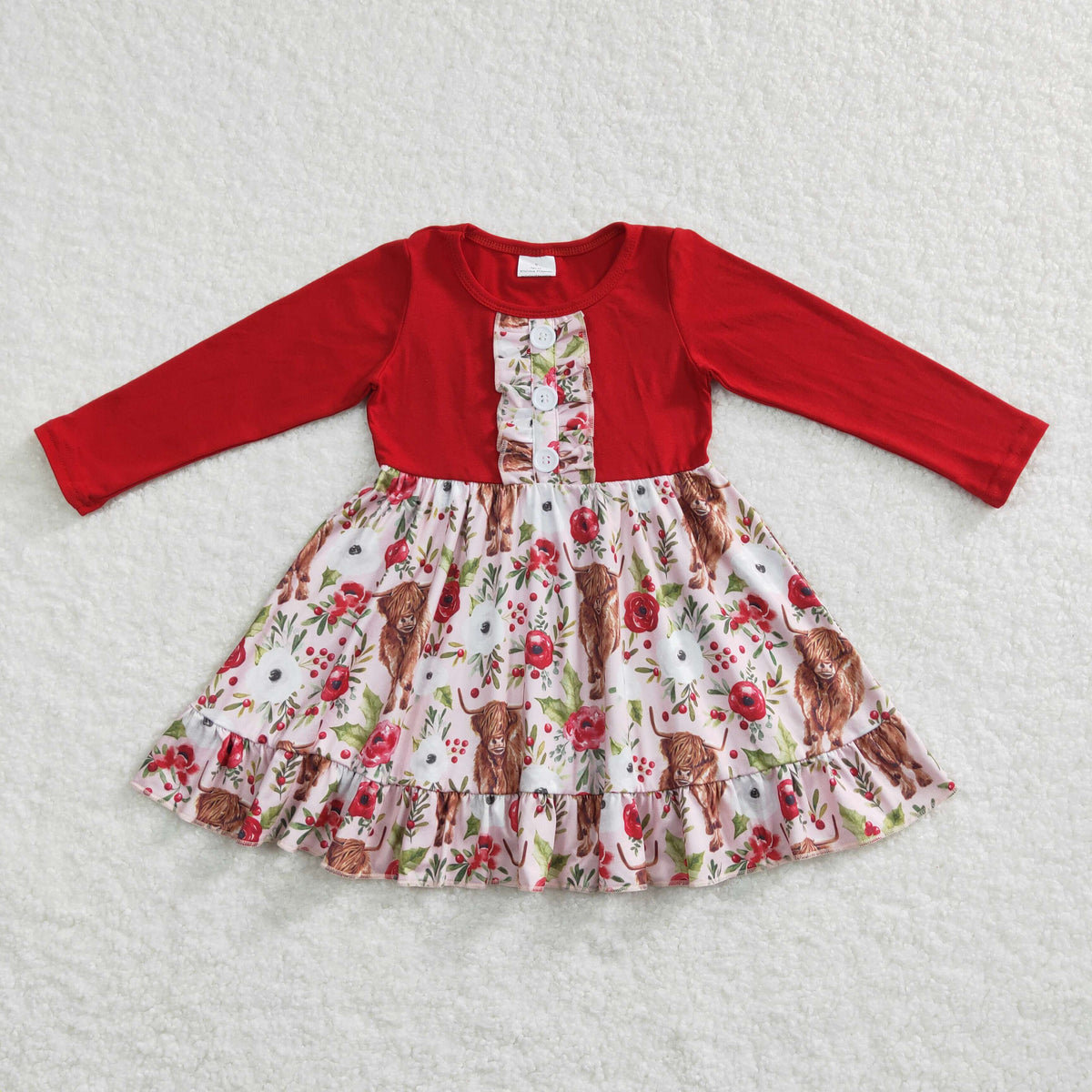 Promotion Baby Girls Long Sleeves Christmas Floral Western Cow Dress
