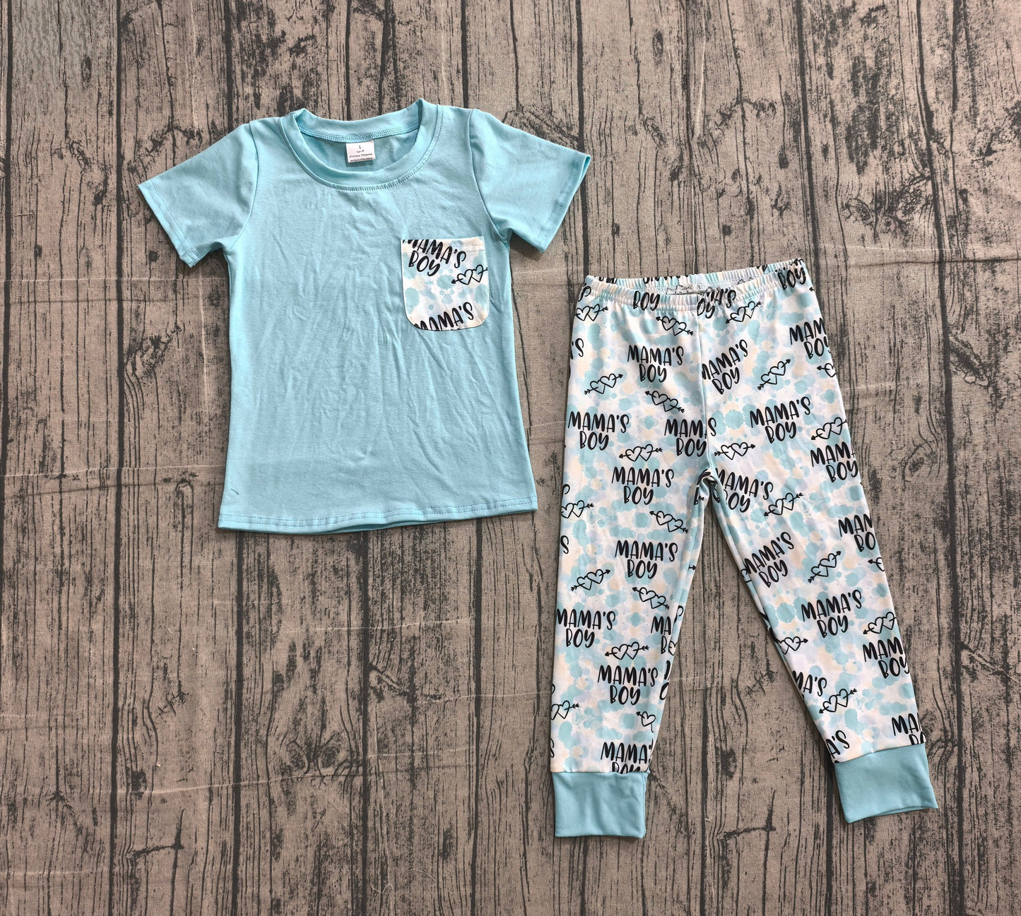 Preorder Kids Boys Short Sleeves Blue Shirt Mama's Boy Pants Set