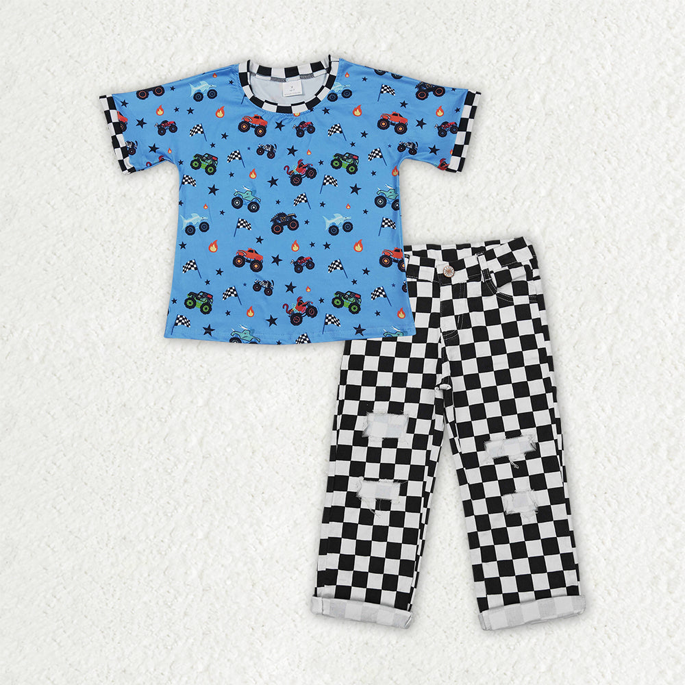 Baby Boys Kids Short Sleeves Trucks Shirt Checked Denim Jeans Pants Set