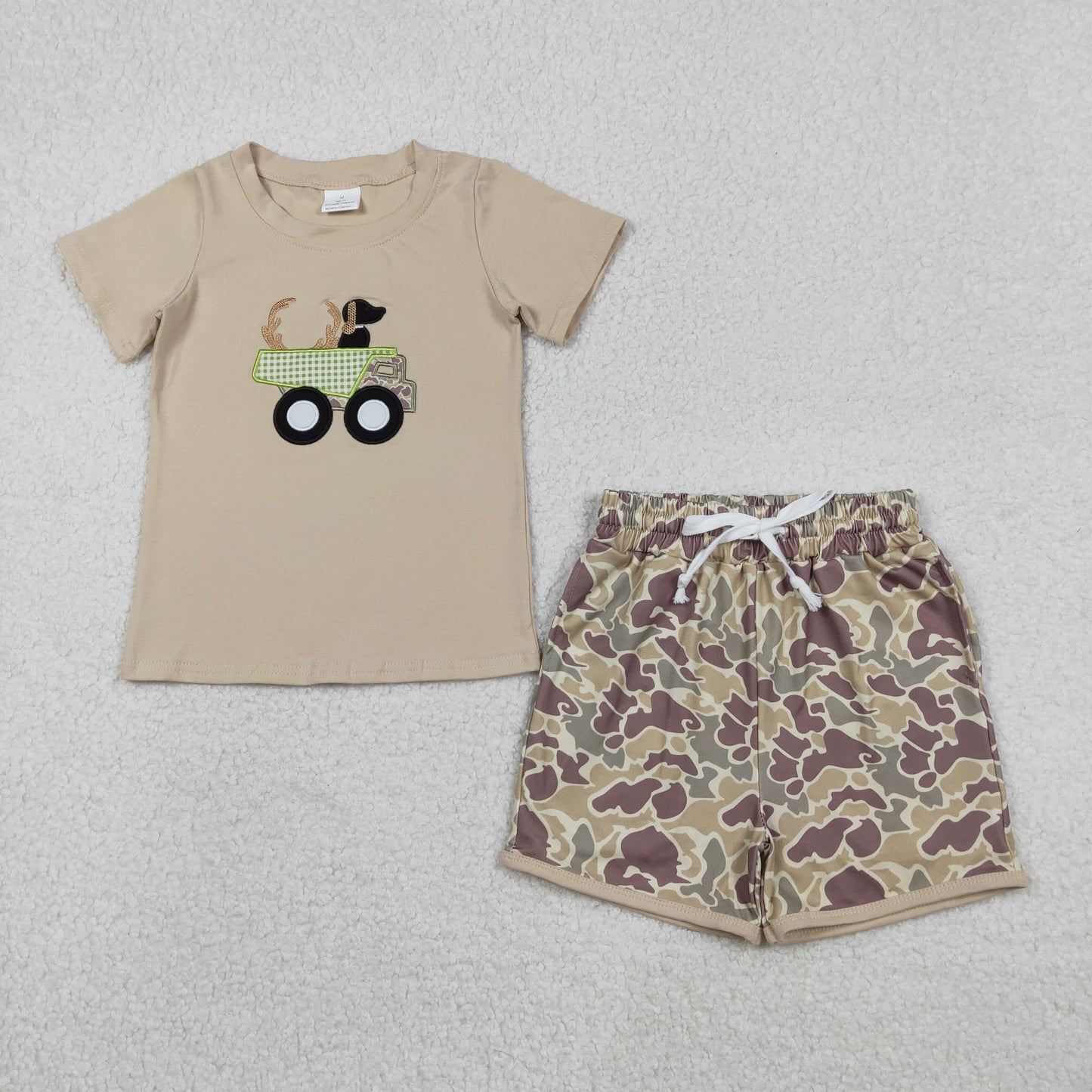 USA Shop Baby Boys Embroidery Deer Dogs Shirt Pockets Camo Shorts Set Hunting Clothes